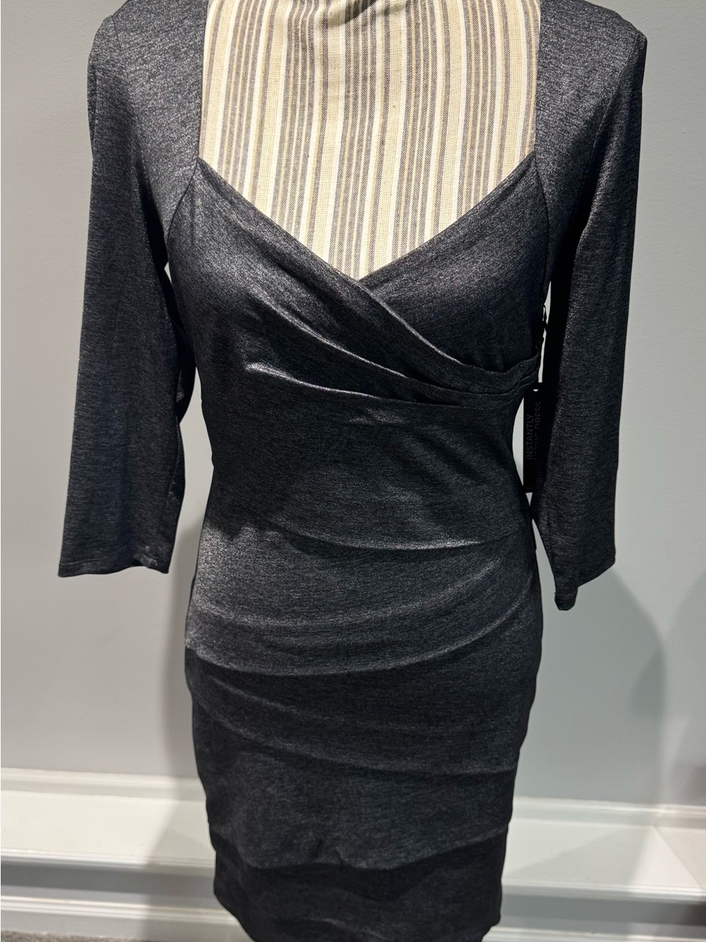 Black House White Market Slimming V-Neck Wrap Bodycon Dress in Charcoal NWT